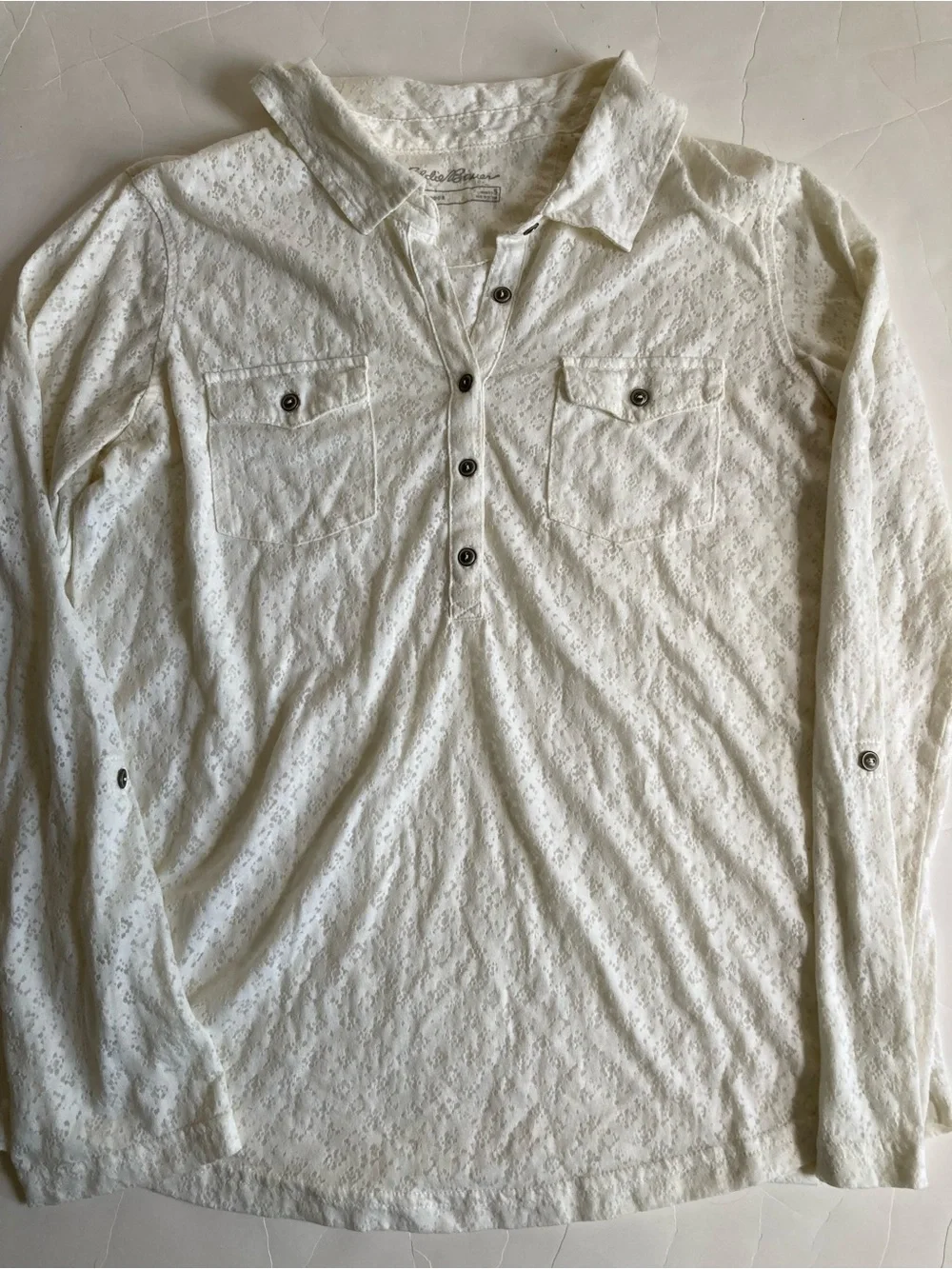 Eddie Bauer soft lightweight burnout popover blouse shirt small ivory EUC